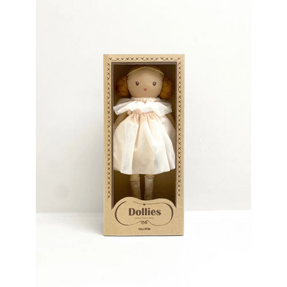 Boxed Puppe Dollies Lilly Toots doll in white dress with simple round face