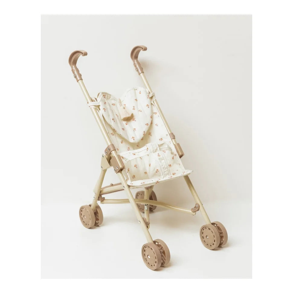 Toy stroller with floral pattern fabric and wooden handles from Puppenbuggy Flower Buds