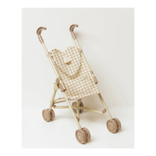 Beige-karierter Puppenbuggy mit Holzrädern und Griffen im Design Soft Squares