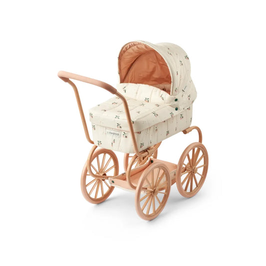 Leichte rosa Spielzeug-Kinderwagen mit cremefarbenem, floral-geprägtem Bettkorb