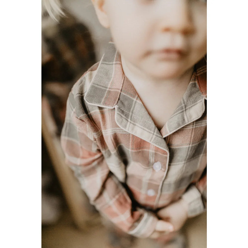 Plaid Pyjama-Top für Kinder aus Flanell mit Knopfleiste, braun und pinkfarben