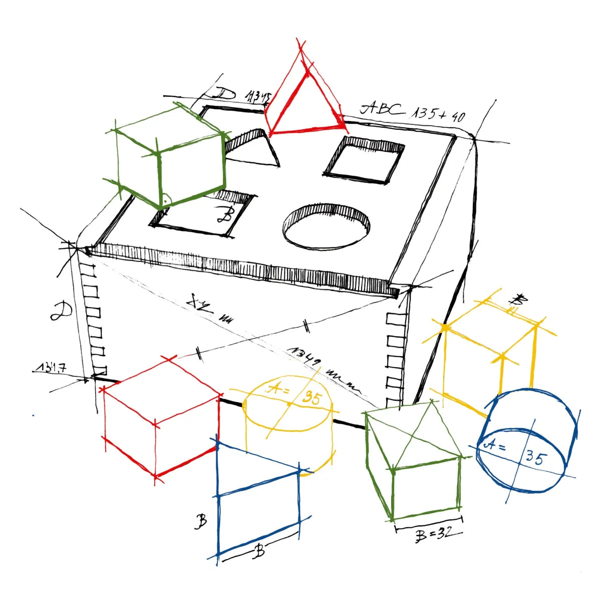 Technische zeichnung eines 3d geometrischen rainbow shape sorter box mit farbigen drahtmodellen für ökologische baby- & kinderprodukte
