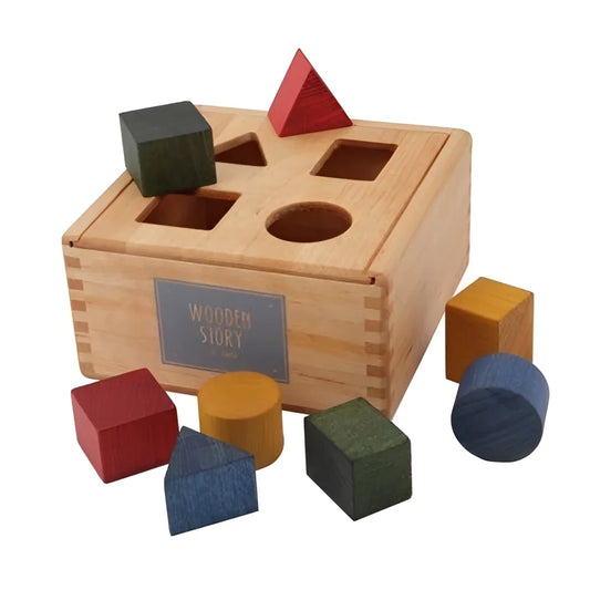Wooden rainbow shape sorter box with colorful red blue green and yellow geometric shapes ideal for ökologische baby- & kinderprodukte