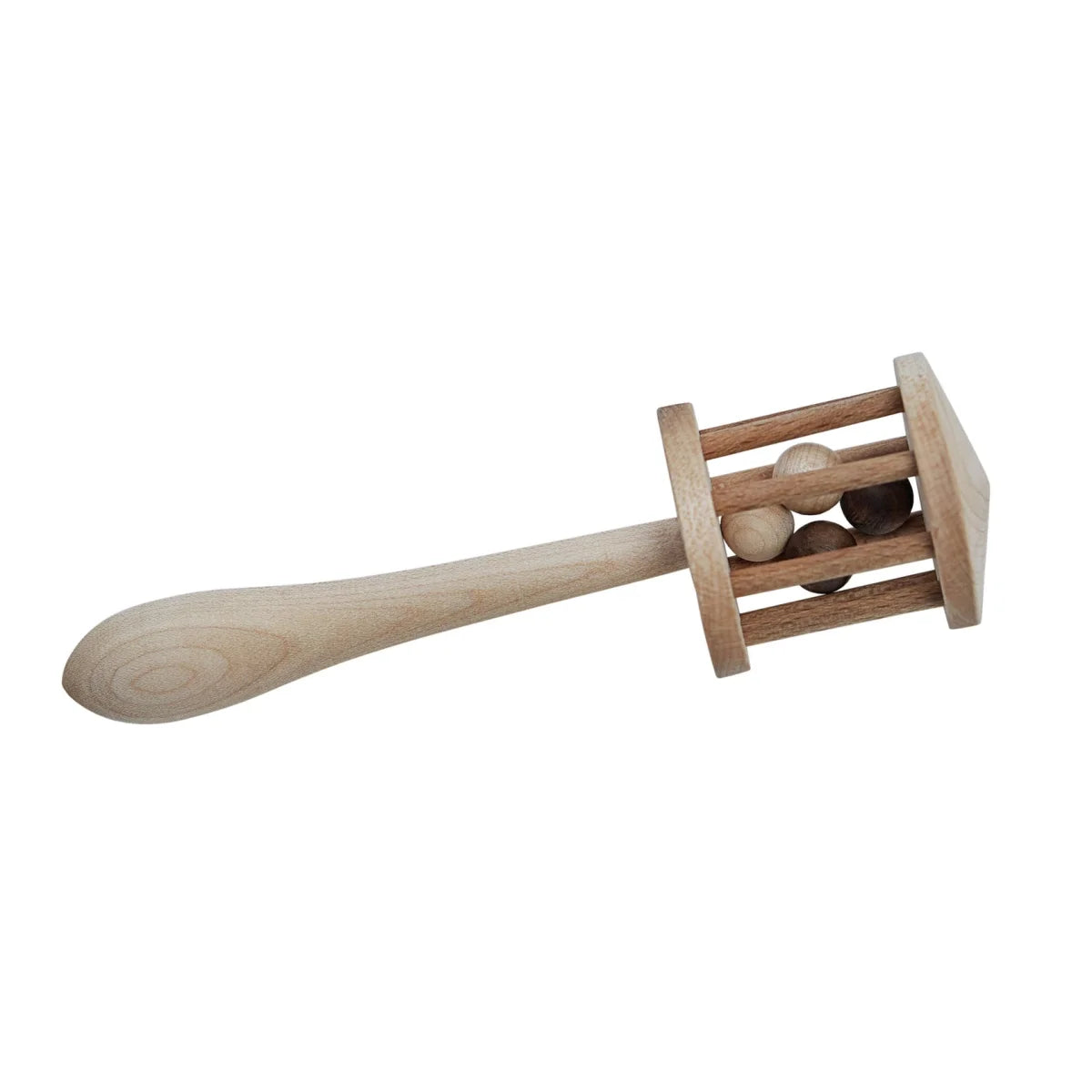 Hellfarbige holzrassel nighthawk mit griff und rechteckigem rahmen mit beigen für nachhaltige babykleidung schweiz