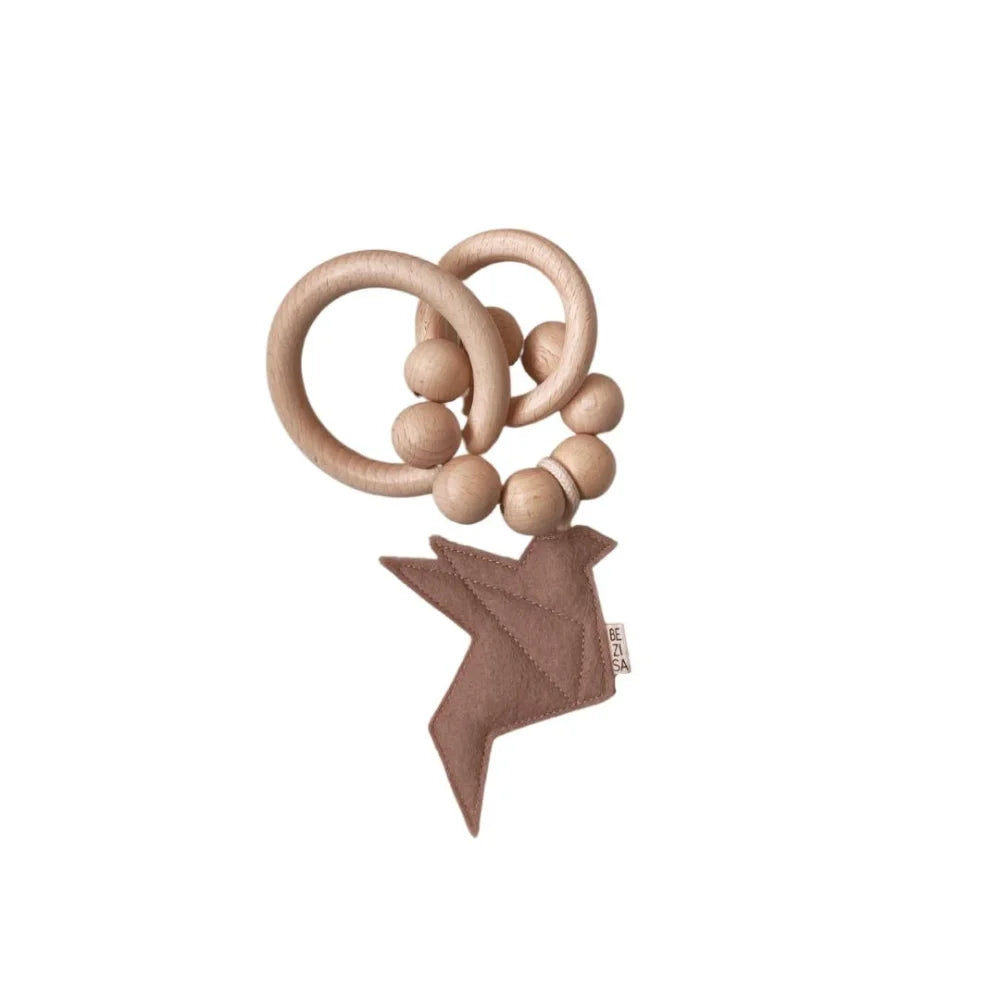 Holzring und Holzperle Babys Spielzeug mit Stoffvogel für den Rassel Vogel Mauve