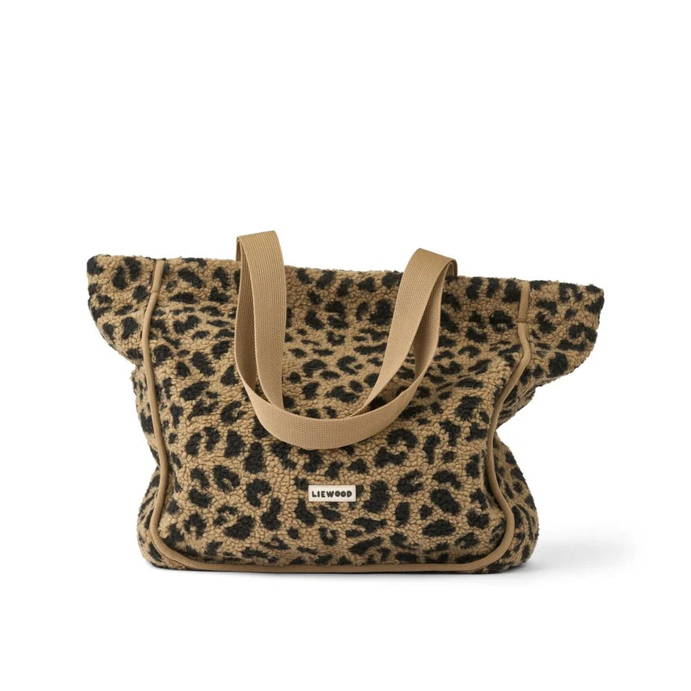 Leopard print Tote Bag mit Tan Griffen und Logo aus Reed Pile Totebag Mega Leo Oat Mix