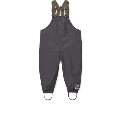 Dunkelgraue wasserdichte Overalls mit hunter green verstellbaren Hosenträgern und elastischen Bündchen aus recyceltem Polyester im Liewood Regenbekleidungsset Manu Panda Sandy