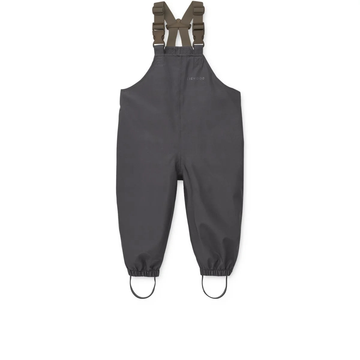 Dunkelgraue wasserdichte Overalls mit hunter green verstellbaren Hosenträgern und elastischen Manschetten aus recyceltem Polyester im Liewood Regenbekleidungsset
