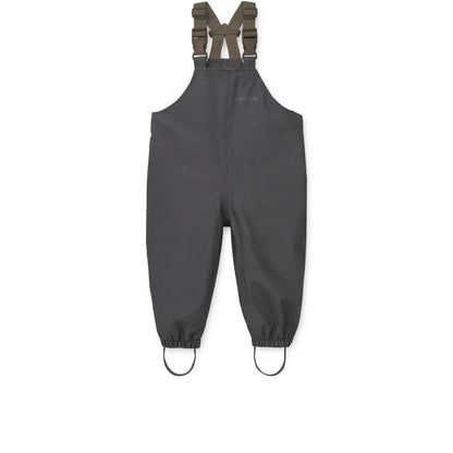 Dunkelgraue wasserdichte Overalls mit hunter green verstellbaren Hosenträgern und elastischen Manschetten aus recyceltem Polyester im Liewood Regenbekleidungsset