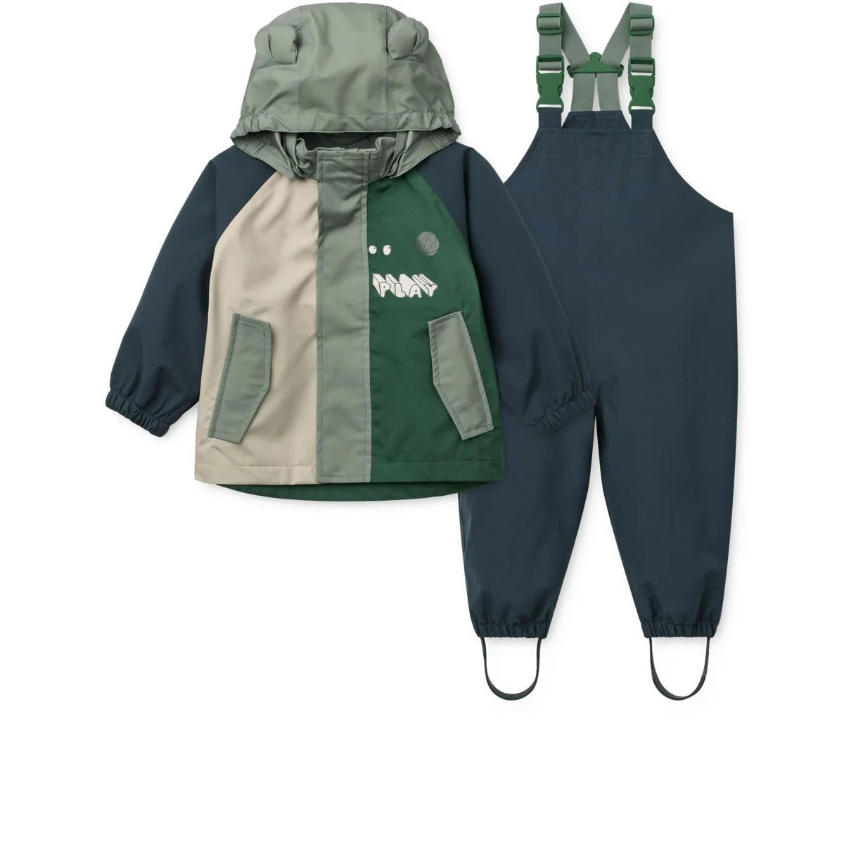 A kinder regenbekleidungsset manu play multi mix mit regenjacke und latzhose in olivgrün, marineblau und beige mit dino-motiv