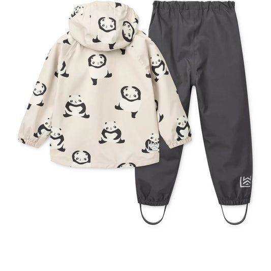 Beige Regenjacke mit Panda-Prints und grauen Hosen, Liewood PEDIA Set aus recyceltem Polyester