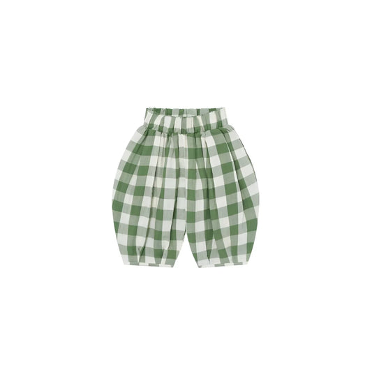 Resort Pants Dill Gingham: grün-weiße Karo-Baumwoll-Shorts mit Gummibund