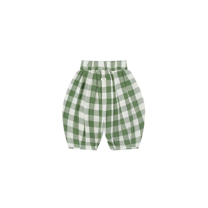 Grüne-weiße Gingham-Shorts Resort Pants Dill Gingham, elastischer Bund