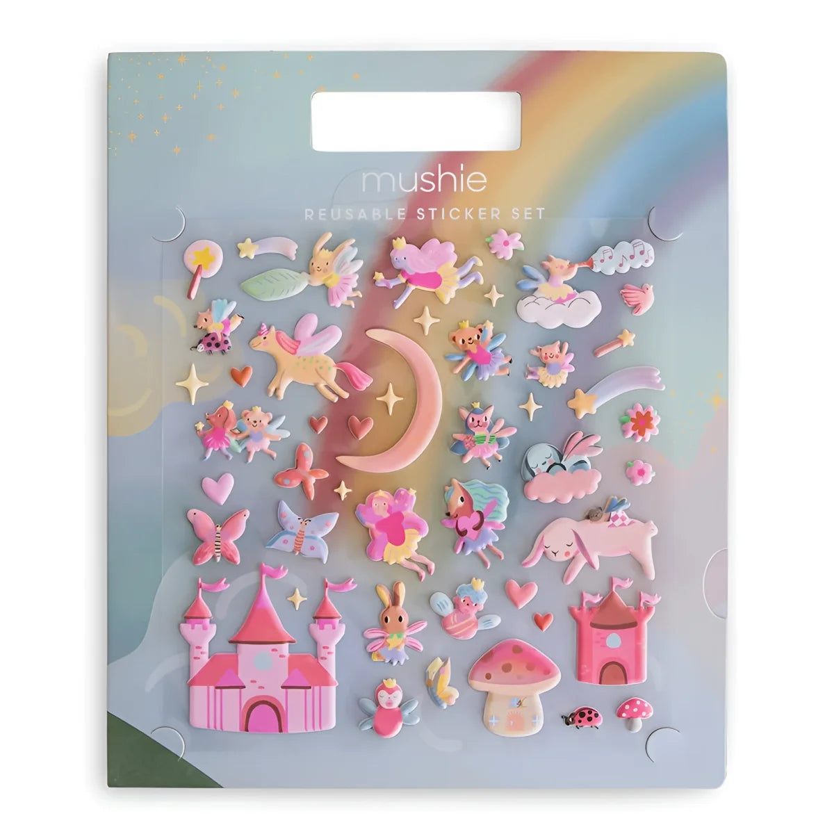 Mushie wiederverwendbares sticker set mit pastellfarbenen fee und einhorn stickern auf regenbogenfarbenem hintergrund