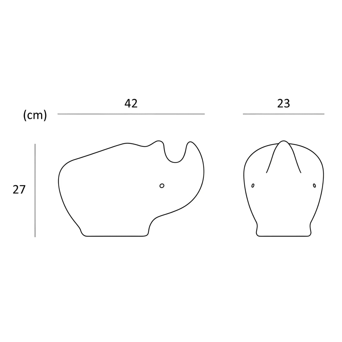 Minimalistisches schwarzlinien-rhinozeros-dekorobjekt in zwei perspektiven mit genauen maßangaben rhino lamp ocean white light