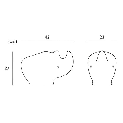 Minimalistisches schwarzlinien-rhinozeros-dekorobjekt in zwei perspektiven mit genauen maßangaben rhino lamp ocean white light