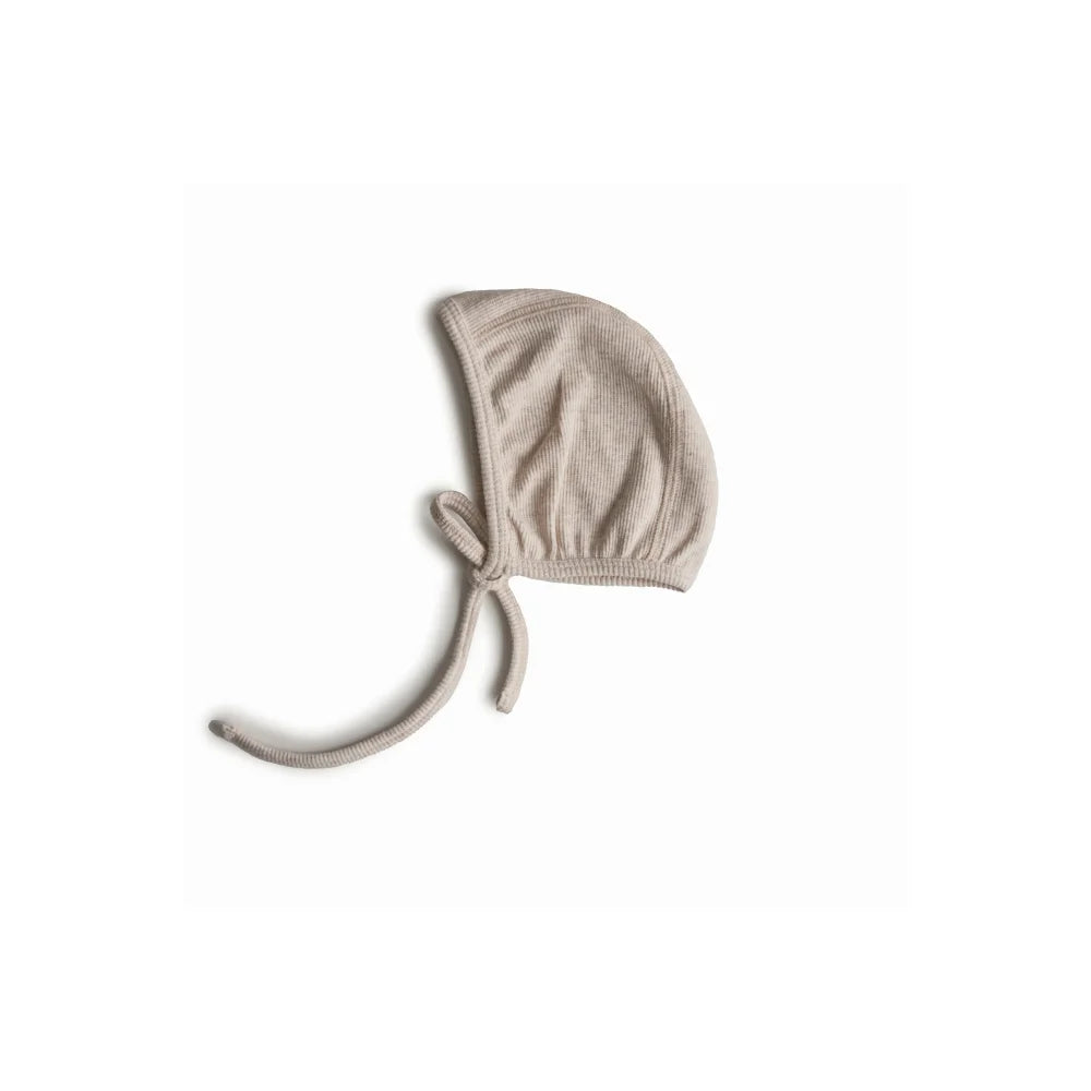 Beige Melange Ribbed Bonnet mit Bindebändern für Babys