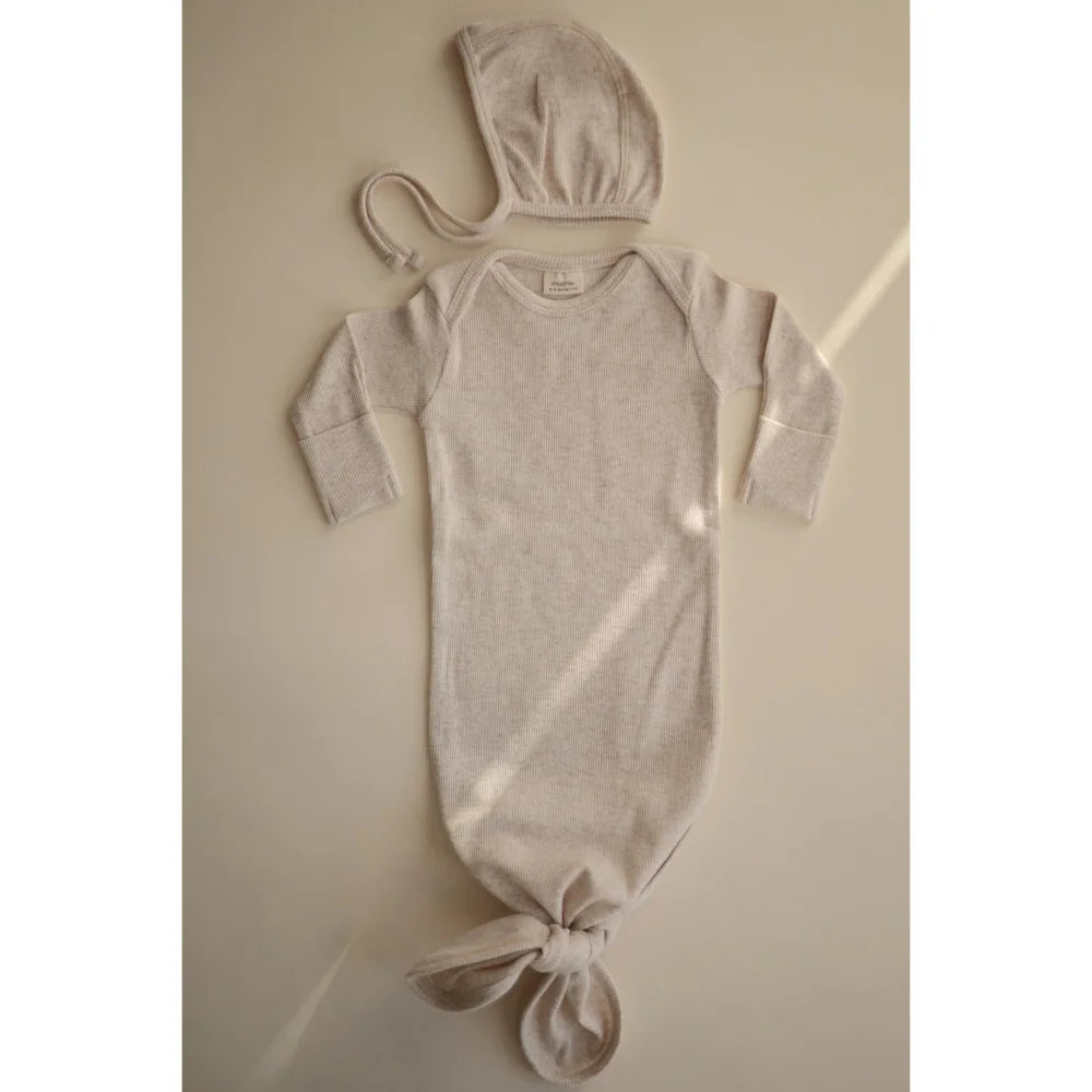 Hooded Baby Sleeper Gown in Off-White Beige with Knotted Bottom, Ribbed Bonnet