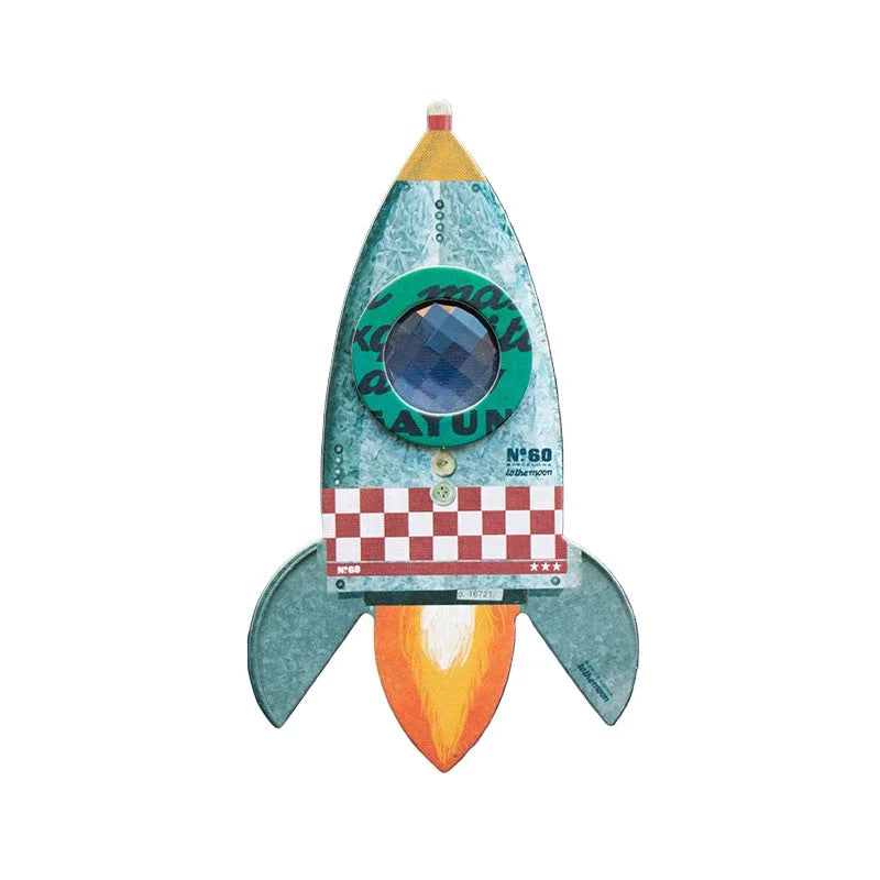 Teal-roter Karo-Raketen-Wanduhr Rocket Bee Eye mit blauem Fenster und Flammenbasis