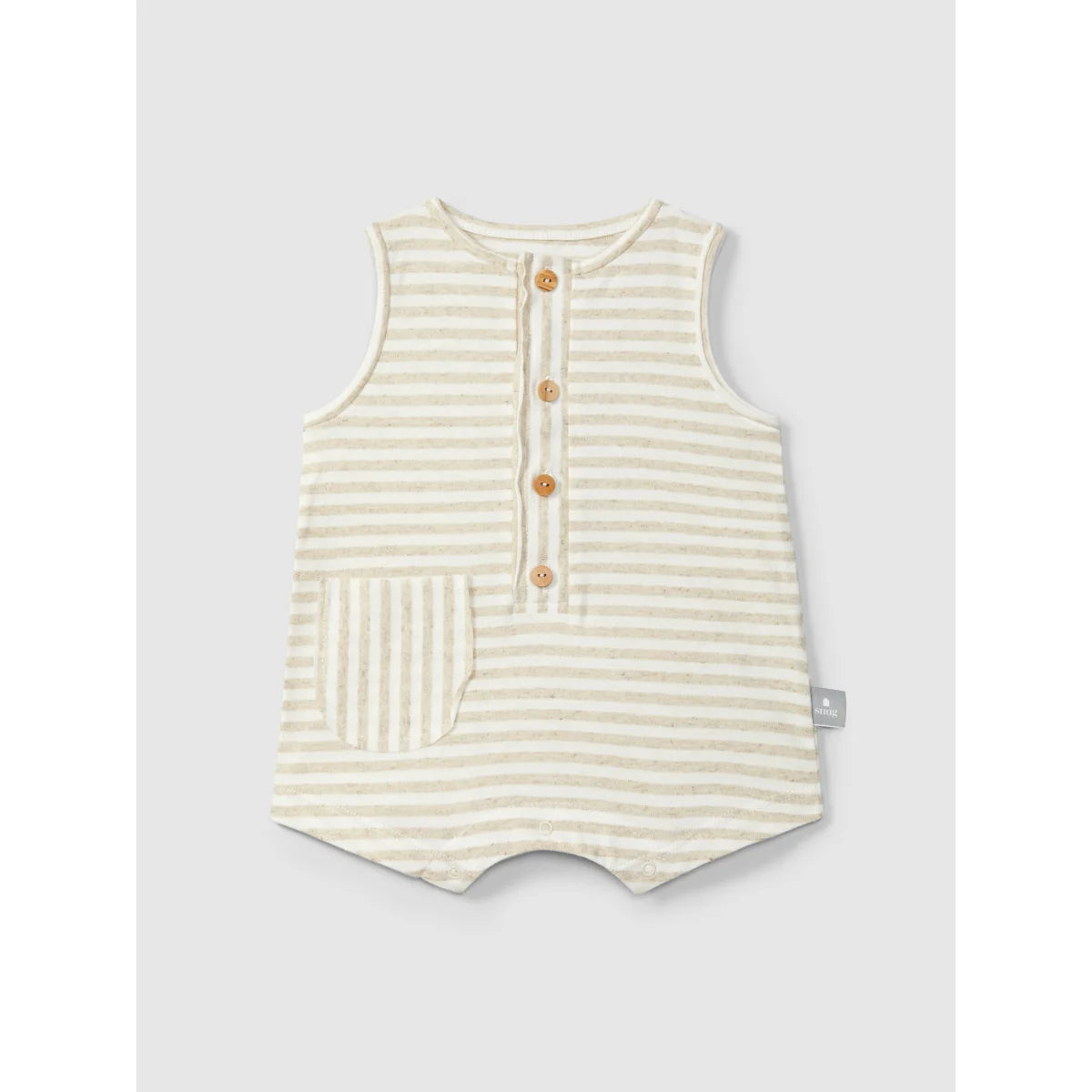 Snug Strampler kurz aus gestreiftem Leinen in Creme und Hellgrün