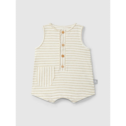 Snug Strampler kurz aus gestreiftem Leinen in Creme und Hellgrün