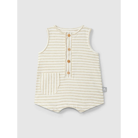 Snug Strampler kurz aus gestreiftem Leinen in Creme und Hellgrün