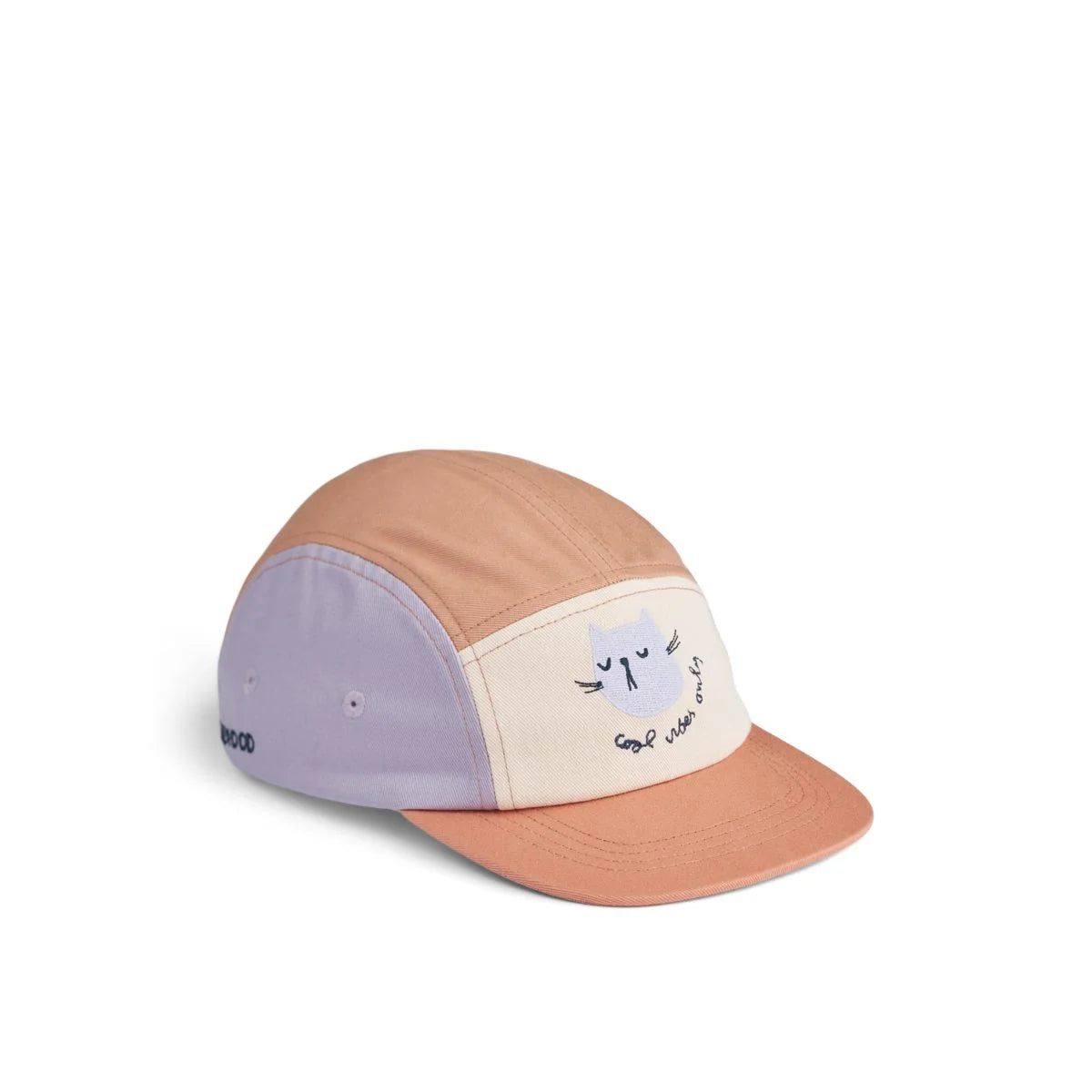 Pastellfarbene fünfteilige rory cap mit lavendel, beige und pfirsichfarbenen tönen und katzengesicht-stickerei