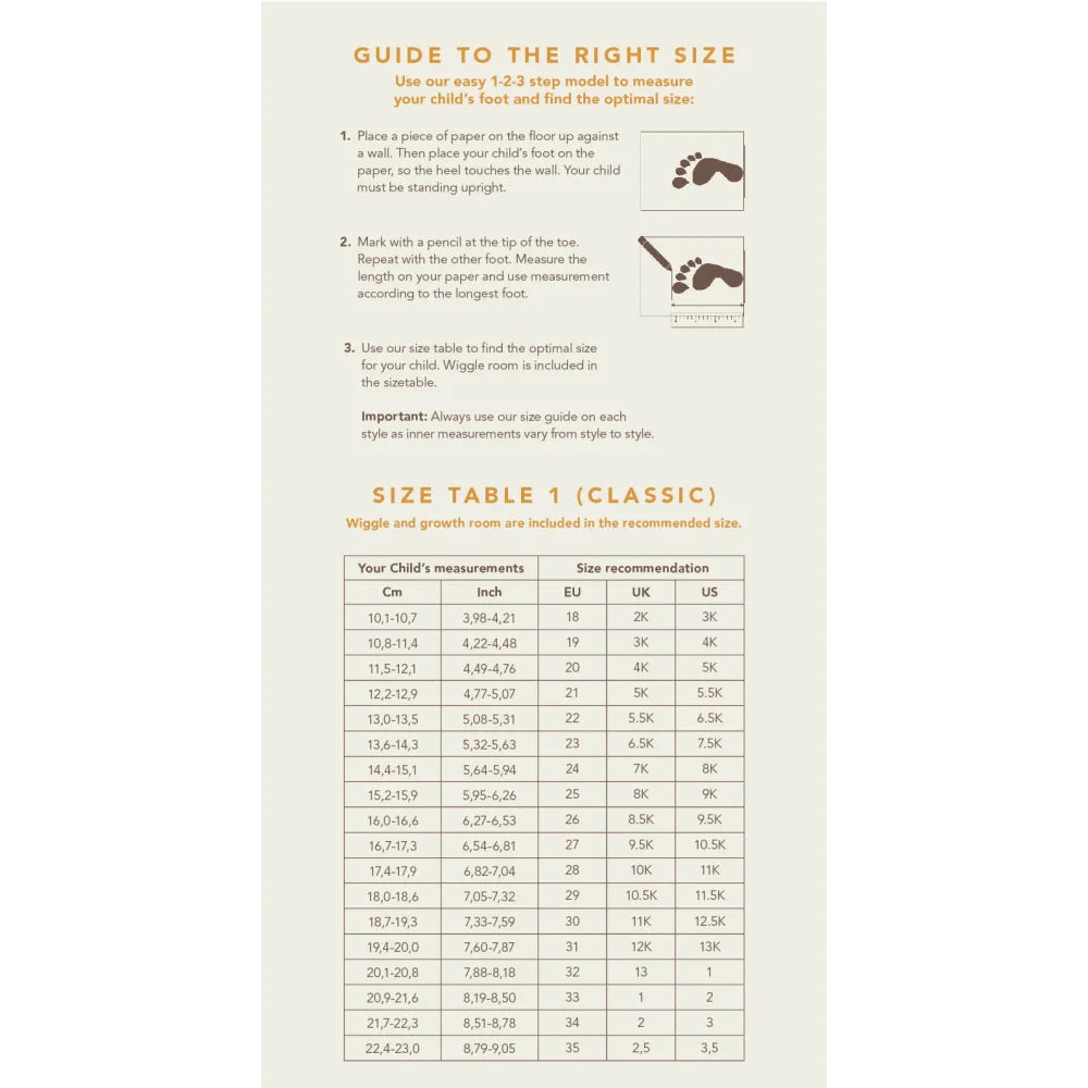 Anleitung zum Messen der Kinderfüße und Schuhgrößentabelle für Scallop Boot Blackberries