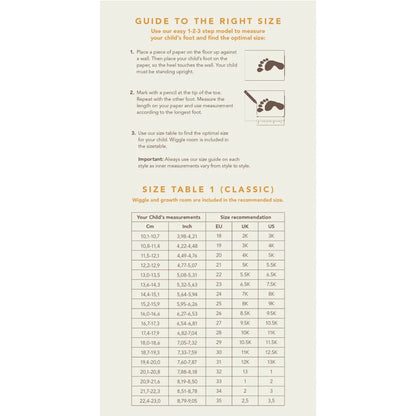 Anleitung zum Messen der Kinderfüße und Schuhgrößentabelle für Scallop Boot Blackberries