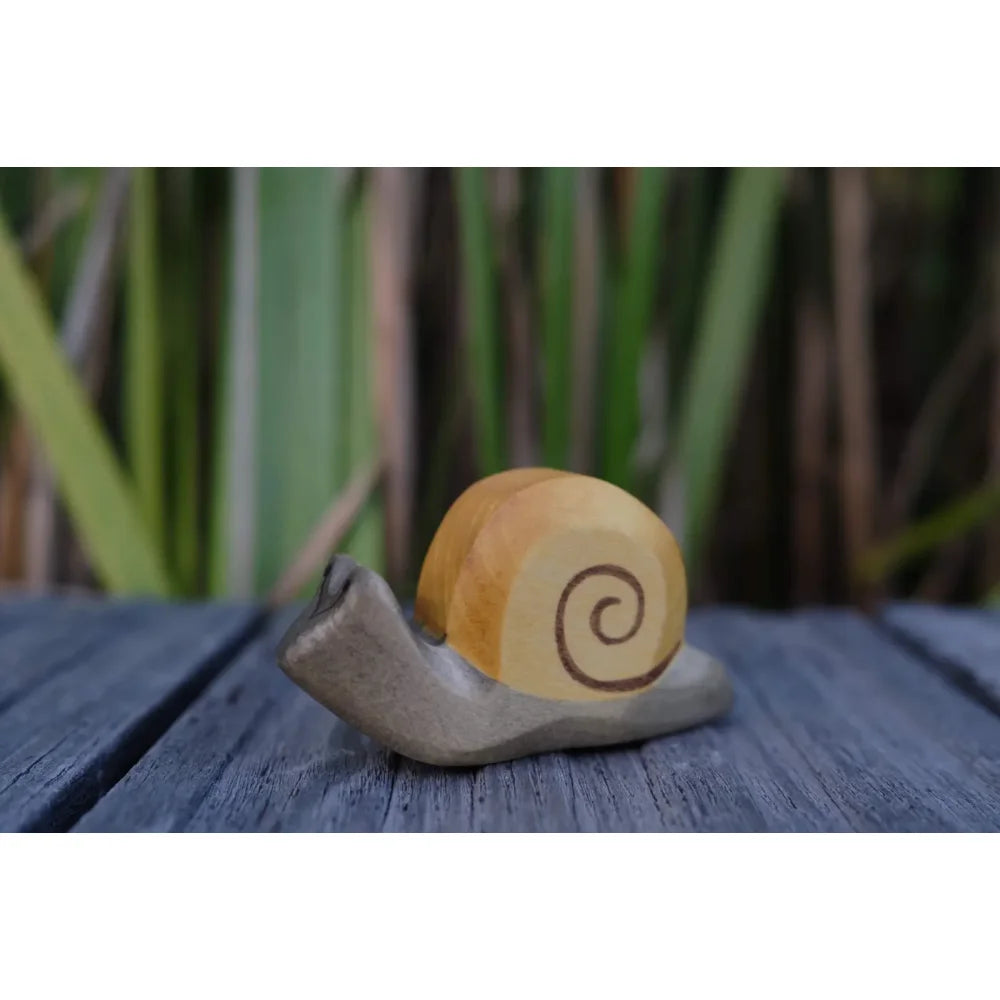 Gekrönte geschnitzte Holzschnecke mit hellbraunem Gehäuse und dunkler Spirale