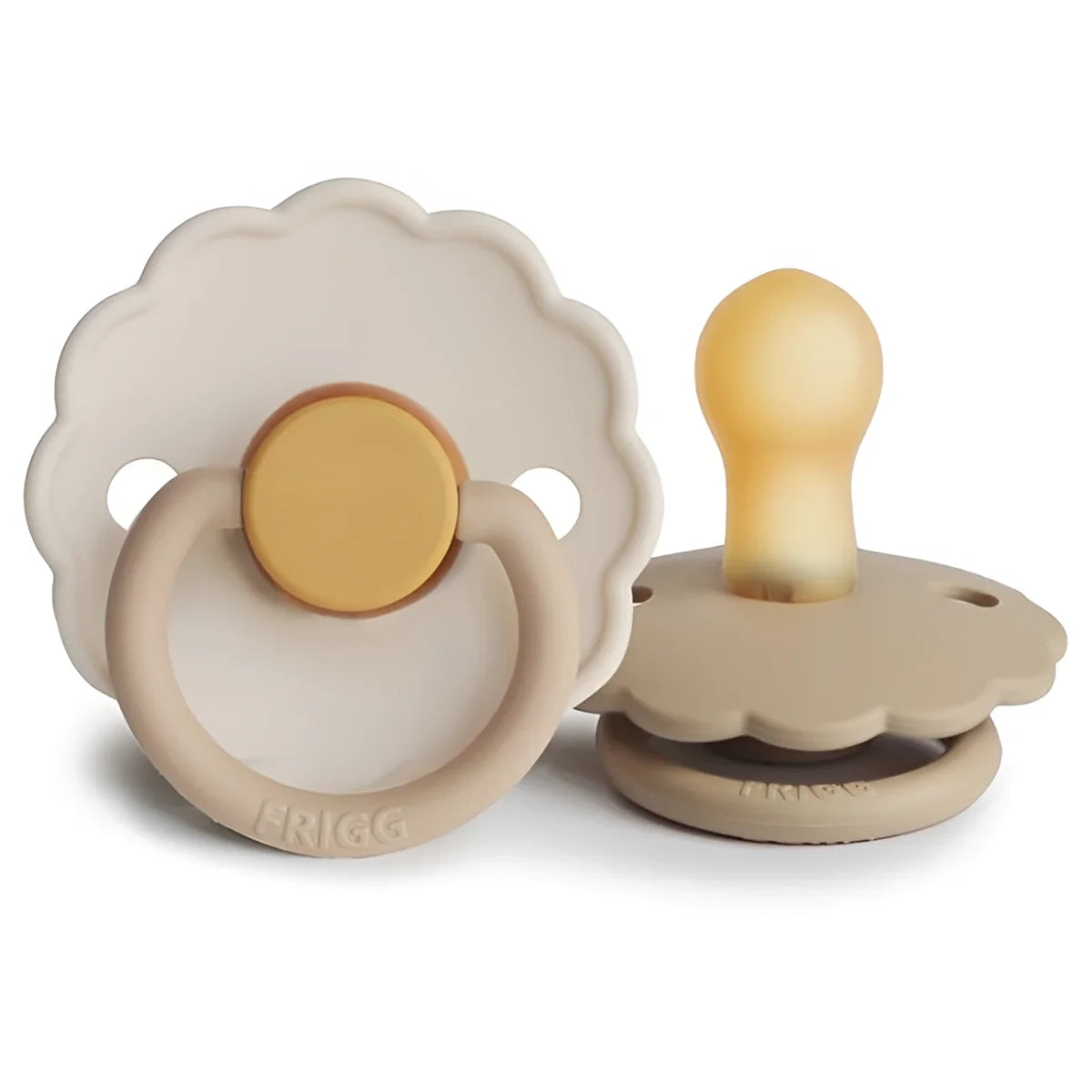 Beige und goldfarbene silikon schnuller mit muscheldesign und hicco prägung für 6 bis 18 monate nachhaltig und ökologisch