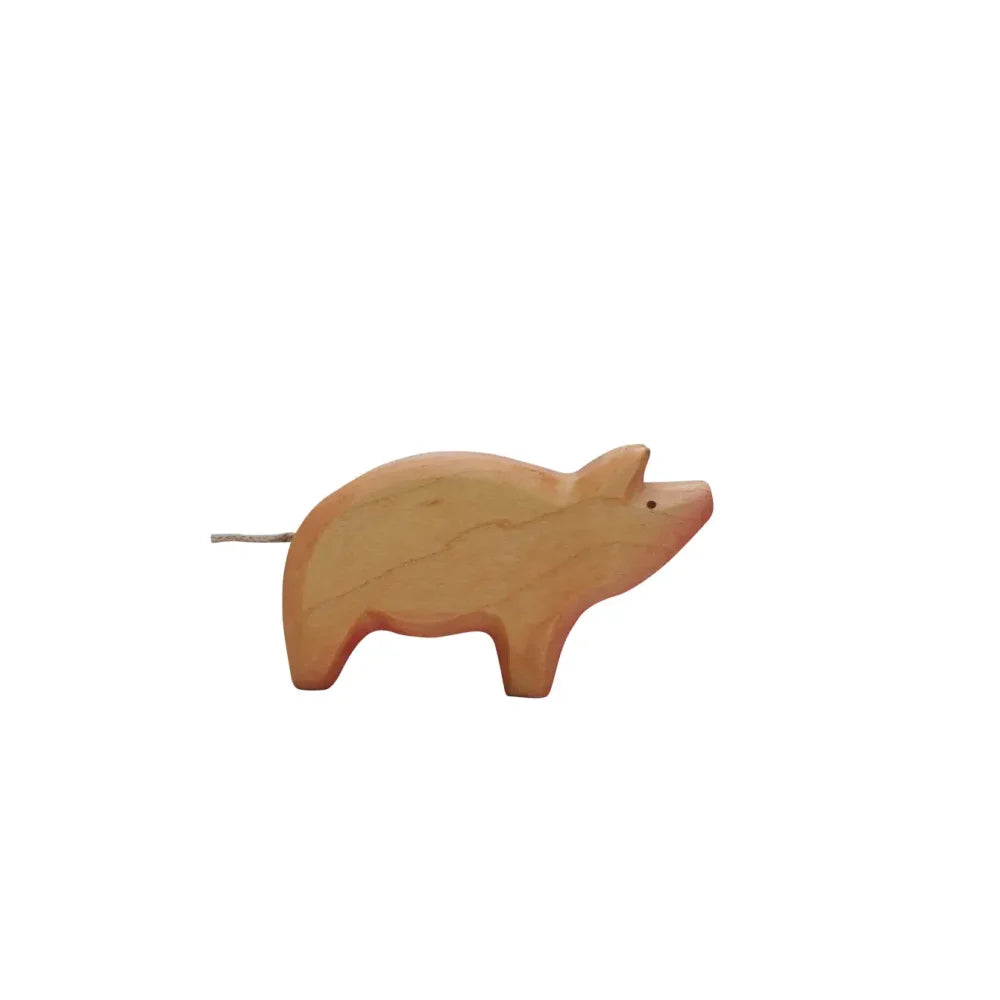 Lichtbraunes Holzschwein mit Drahtschwanz als dekoratives Tierfigur Produkt Schwein