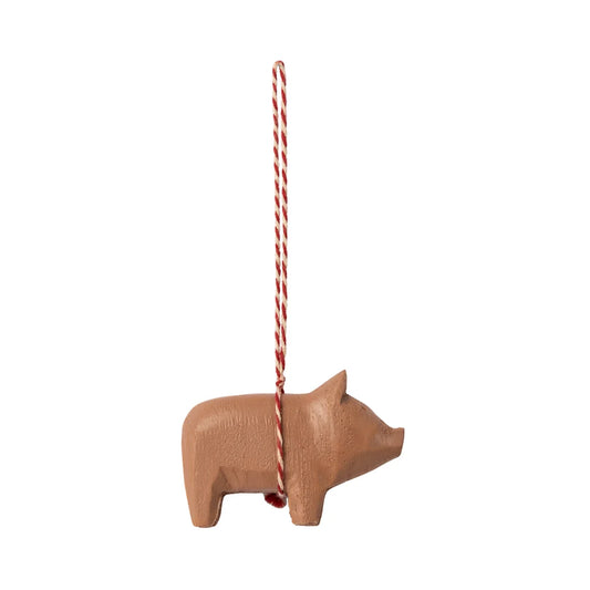 Holzschwein Ornament mit rot-weißer Aufhängeschnur von Alte Rose für Weihnachten