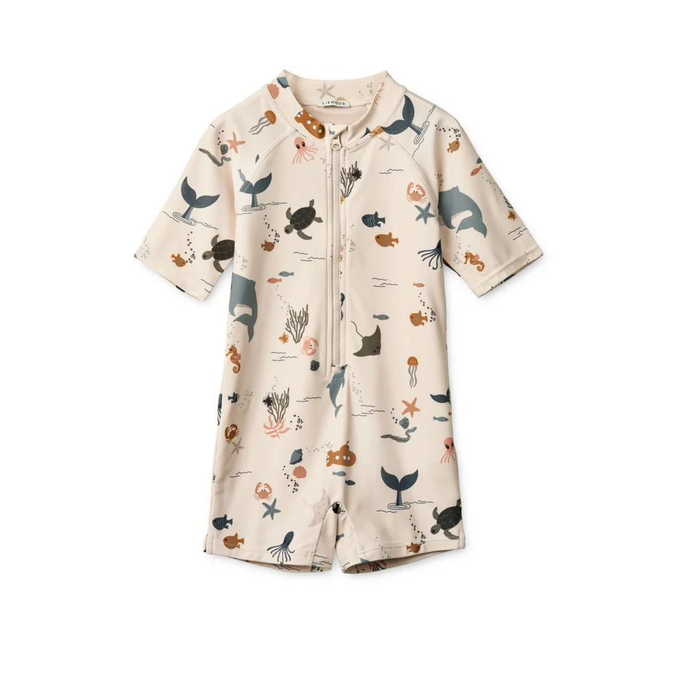 Beiger Kurzarm-Schwimmanzug mit Meereswesen-Print für Damen