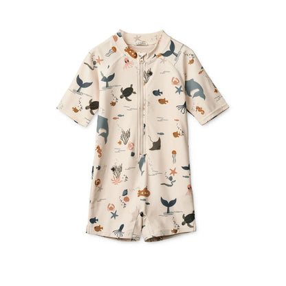 Beiger Kurzarm-Schwimmanzug mit Meereswesen-Print für Damen