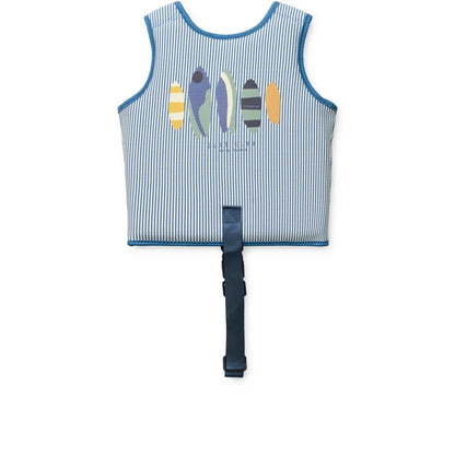 Seersucker Schwimmweste Dove Stripe Riverside in Blau-Weiß mit Surfbrett