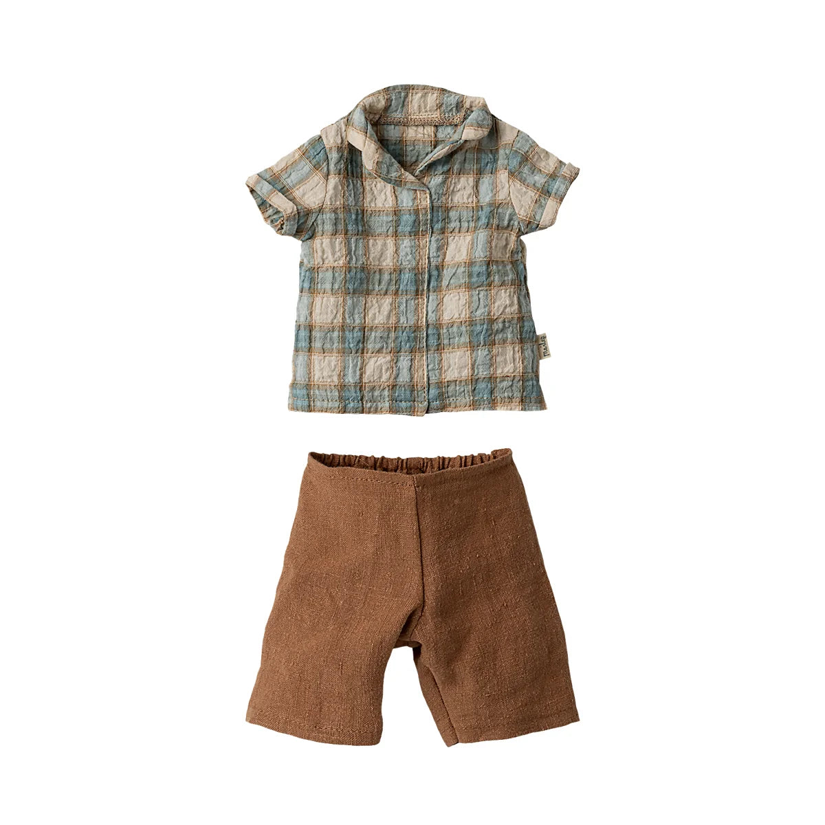 Quilted kurzärmliges hemd in softem blau-creme kariert mit braunen strukturierten shorts größe 3 nachhaltige babykleidung schweiz