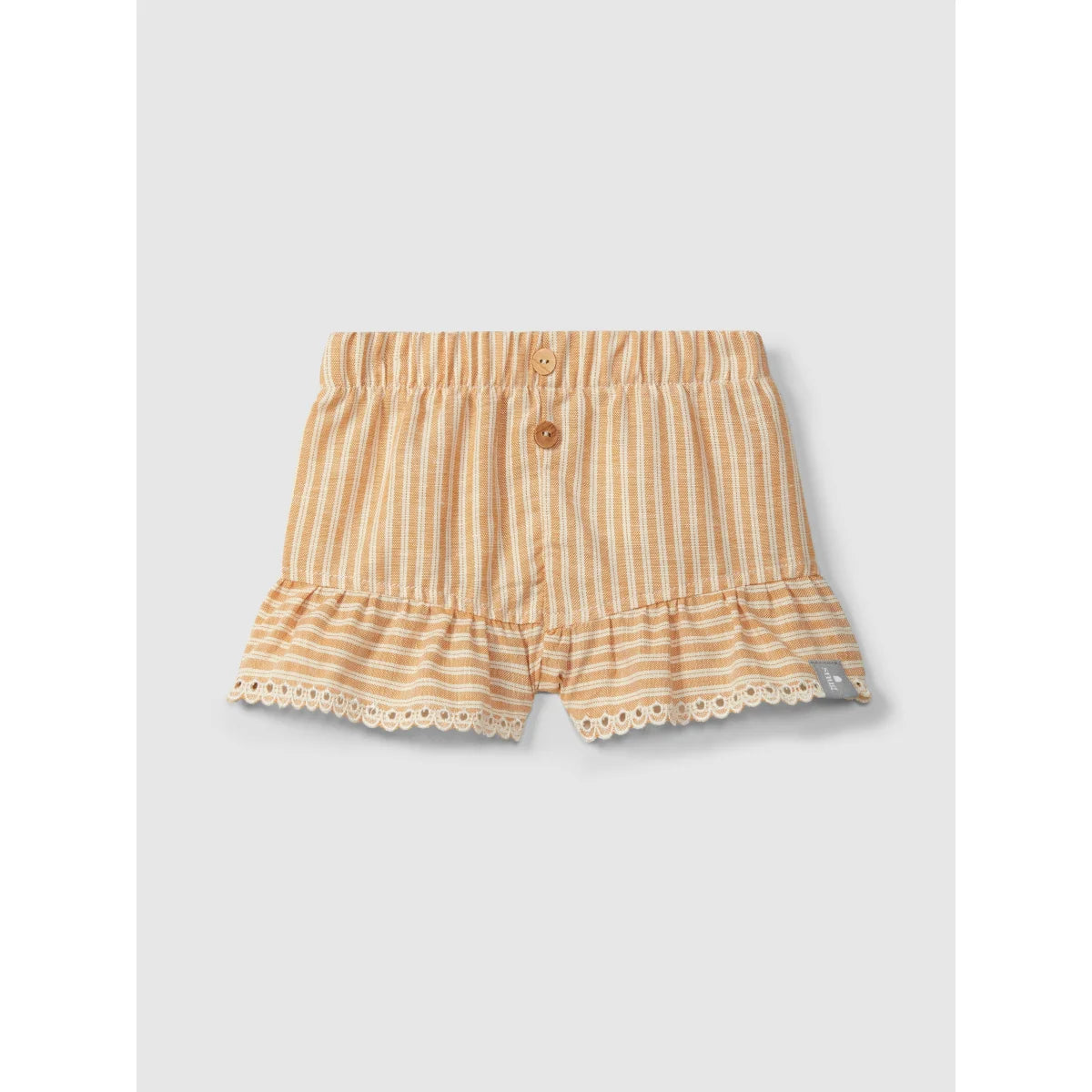 Beige-weiße gestreifte Shorts mit englischer Stickerei, nachhaltige Babykleidung Schweiz