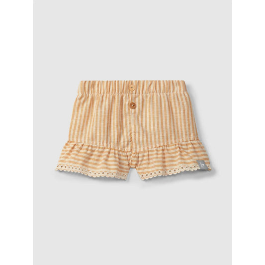 Beige-weiße gestreifte Shorts mit englischer Stickerei, nachhaltige Babykleidung Schweiz