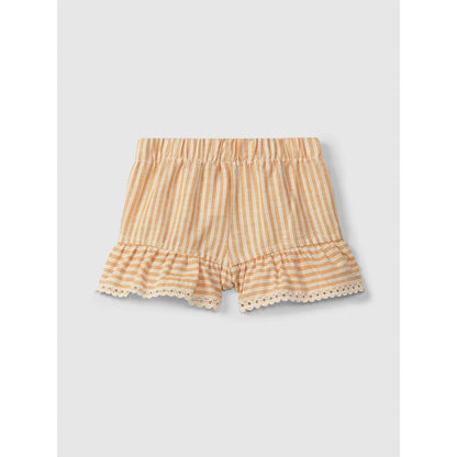 Beige-weiße gestreifte Shorts mit englischer Stickerei und Spitze