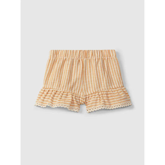 Beige-weiße gestreifte Shorts mit englischer Stickerei und Spitze