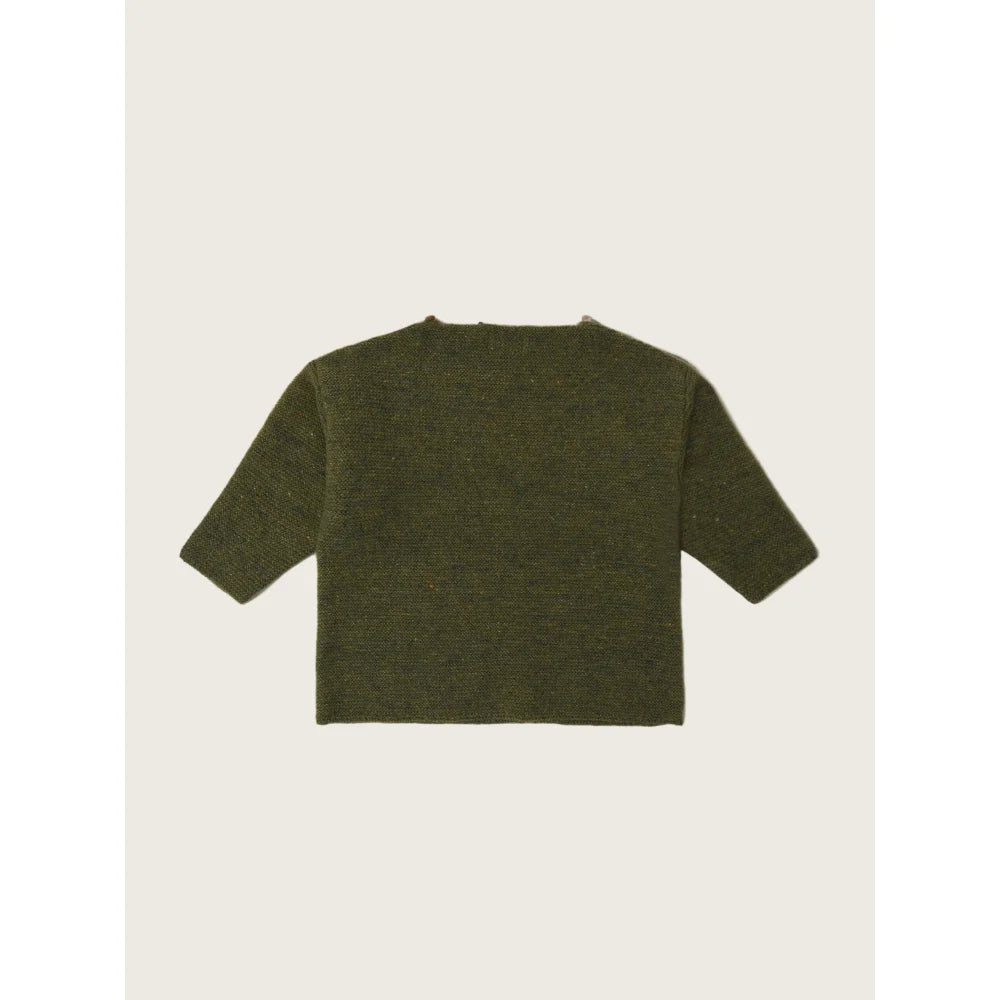 Olive grüne Damen Strickpullover mit 3/4 Ärmeln vom Shoulder Button Wool Jumper Artichoke