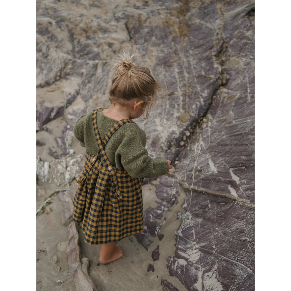 Kleiner Junge trägt grünen Langarmshirt und kariertes Overall im Artischocken-Design