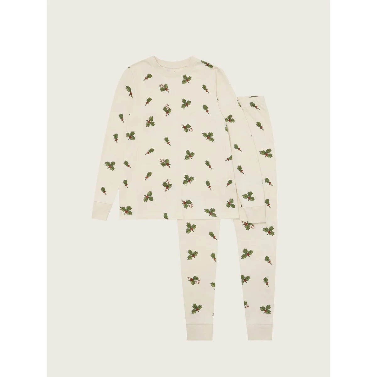 Cremeweiße Slim-Pyjamas für Erwachsene mit Weihnachts-Holly-Muster