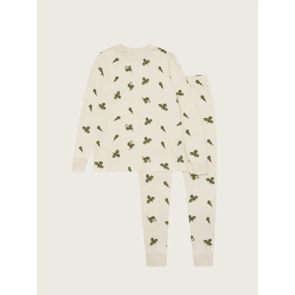 Cremeweiße Slim-Pyjamas für Erwachsene mit Weihnachts-Holly-Muster