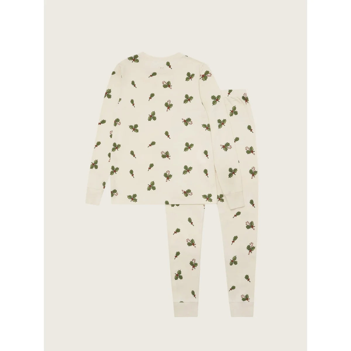 Cremeweiße Slim-Pyjamas für Erwachsene mit dezentem grünem Stechpalmenmuster