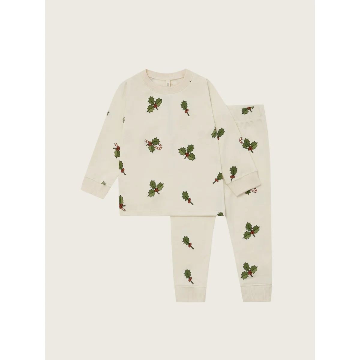 Weihnachtliche Slim-Pyjamas für Kinder mit cremefarbener Holly und Candy-Cane-Muster