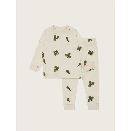 Weihnachtliche Slim-Pyjamas für Kinder mit cremefarbener Holly und Candy-Cane-Muster