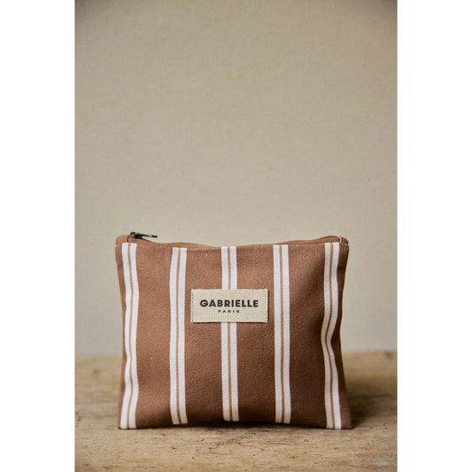 Kleine beige braun weiße gestreifte canvas pouch mit gabrielle paris label ideal für ökologische baby und kinderprodukte
