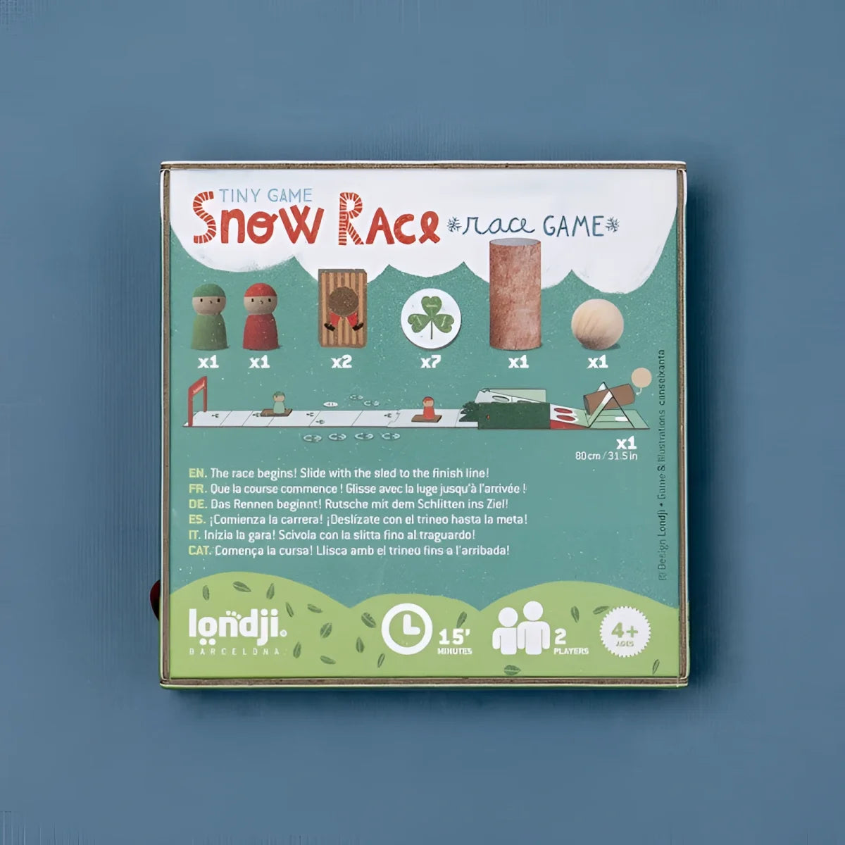 Snow Race Tiny Game Box mit bunten Komponenten, grün-weiß-rot